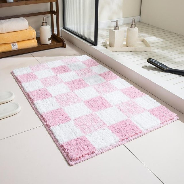 Saugfähige Badezimmerbodenmatte mit Schachbrettmuster in Rosa und Grau, schnelltrocknend und rutschfest, B/B: 40 x 60 cm - Bild 1