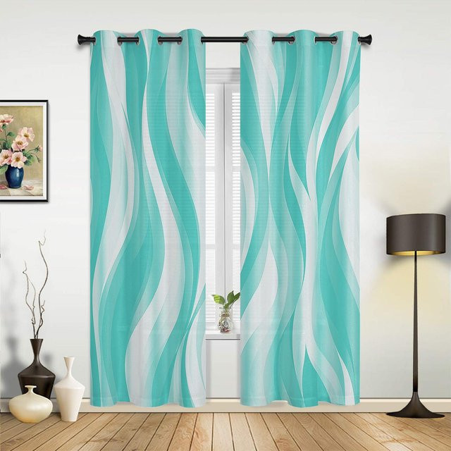 Yiran Furniture Vorhänge mit abstraktem Wellenmuster in Dunkelblau und Türkis, semi-transparent, 2er-Set, Breite: 107 cm, Höhe: 115 cm - Bild 1