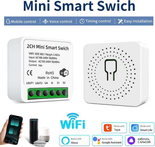 Tuya Intelligenter WLAN-Schalter Smart Home Steuermodul 1/2-Kanal 16A in Weiß, kompatibel mit Alexa und Google Assistant via Smart Life App - Bild 1