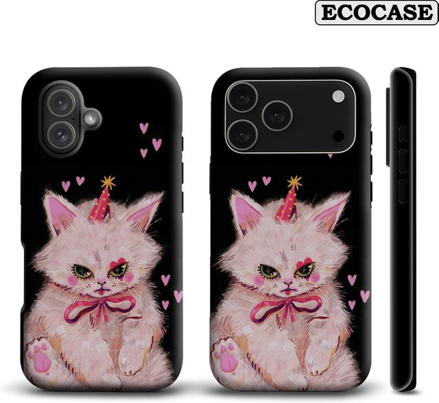 Potdemiel Handyhülle mit Rosa Herz und Kätzchen Design für iPhone 17 16 15 14 13 12 Pro Max Plus mit doppelschichtiger Rückseite in Pink und Schwarz - Bild 1