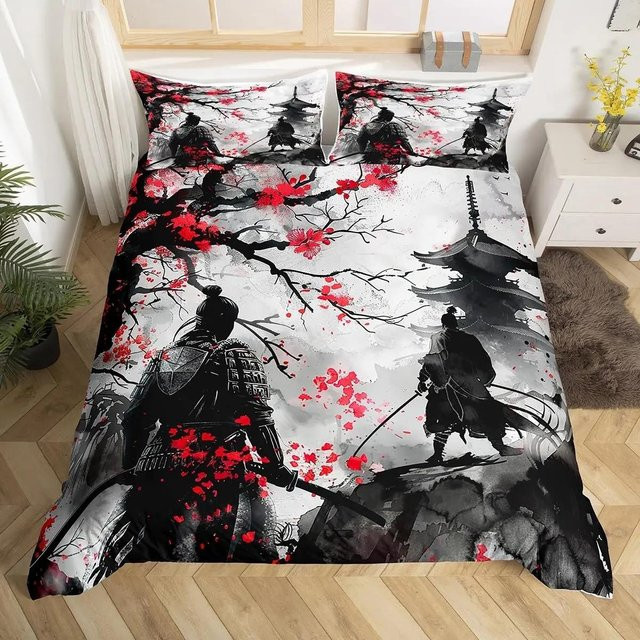Japanisches Samurai Bettwäscheset mit Kirschblüten, Roter Sonne und Fuji Berg, Doppelgröße, Farbe: Rot/Weiß, B/H: 140 x 210 cm - Bild 1