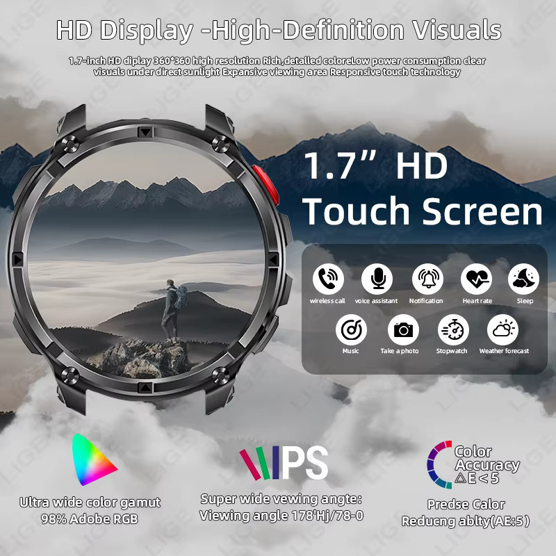 LIGE Smartwatch für Herren mit 1,7 Zoll HD-Display, 1100 mAh Akku, Kompass, LED-Licht, Sprachassistent und Bluetooth-Telefonie in Schwarz oder Blau - Bild 5