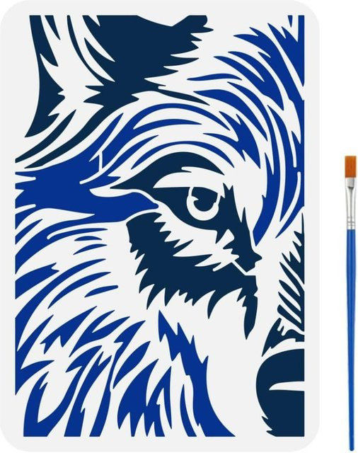 Peeping Wolf Malerei Schablone mit Pinsel, Wolf Kopf Muster Zeichnung Vorlage für DIY Dekoration, B/H: 21,1 x 29,7 cm - Bild 1