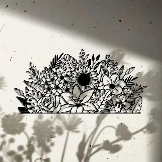 CIFBUY Metall-Blumen-Wandkunst, 2D-Eisenskulptur in Schwarz zur Dekoration für Wohnzimmer und Balkon, B: 40,0 cm, H: 19,48 cm, T: 19,48 cm - Bild 1