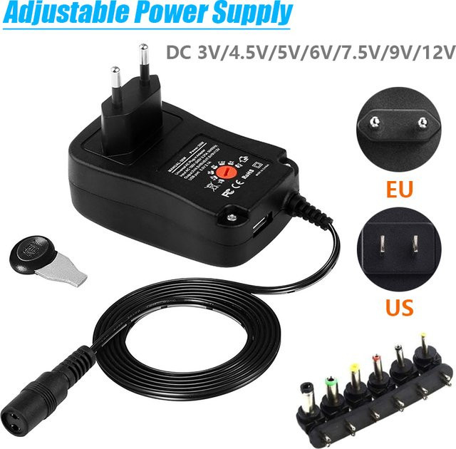 AEVYVKV Einstellbares Universal Netzteil mit USB-A und USB-C, 30W, Schwarz, AC 220V/110V zu DC 3V-12V Adapter mit 5V 2,1A USB-Ausgang - Bild 1