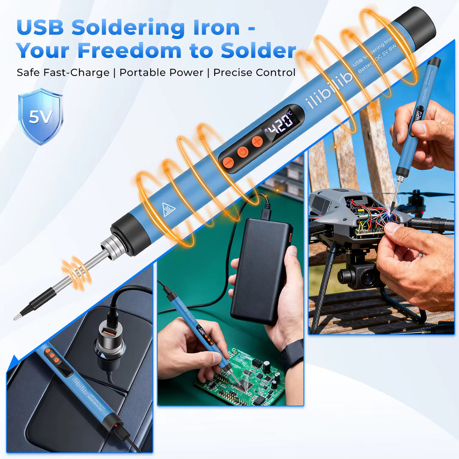 ILIBILIB HX7 Kabelloser USB-Lötkolben mit Akku und LCD-Display, 8W 5V, Temperaturregelung 260-420 °C, Schwarz/Blau - Bild 2