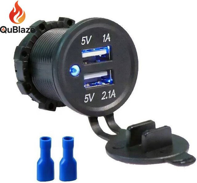 ONEGOL Dual-USB-Schnellladeadapter für Auto, Motorrad und Boot, wasserdichte Ladebuchse mit USB-A, 12/24 V, 5 V, 4,2 A, in Schwarz und Blau - Bild 1