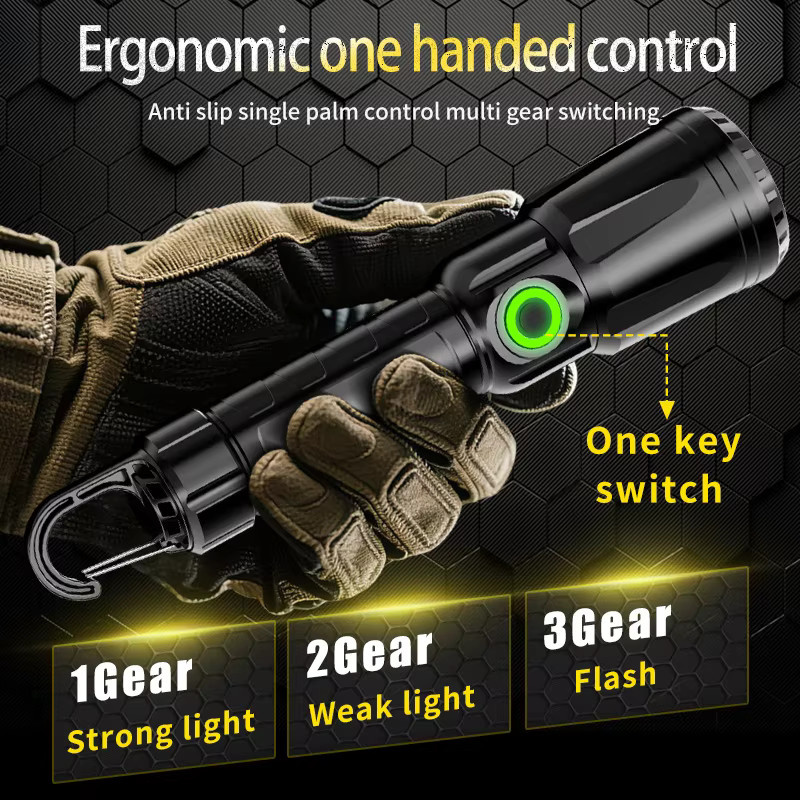 XIWANGFIRE LED Taschenlampe mit Zoomfunktion, wiederaufladbare Handtaschenlampe in Schwarz aus Aluminium für Camping, Wandern und Notfälle - Bild 3