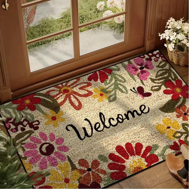 VIKAMA Willkommens-Fußmatte mit Vintage Blumenmuster, rutschfeste und waschbare Bodenmatte für den Hauseingang, Mehrfarbig, B: 60 cm, T: 40 cm - Bild 3
