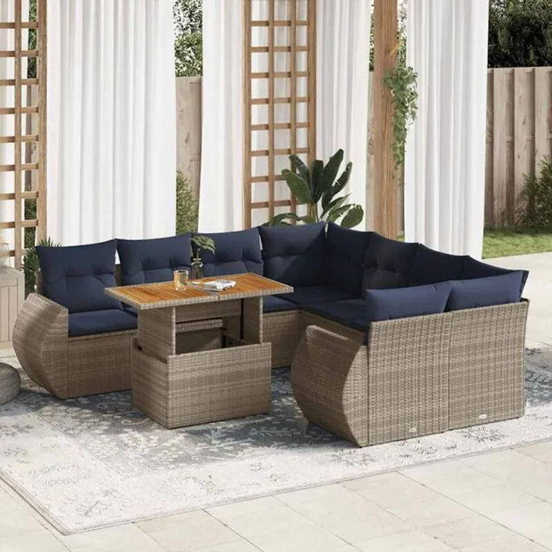 9-teilige modulare Garten-Sofagarnitur aus Poly-Rattan und Metall in Grau mit Kissen von vidaxl - Bild 1