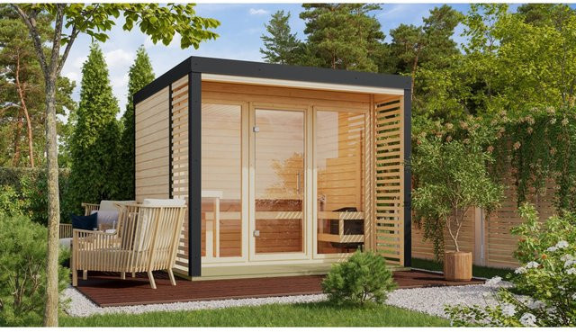Karibu Saunahaus Seros 3 aus Fichte in Naturbelassen und Anthrazit inklusive 9 kW Ofen mit externer Steuerung - Bild 1