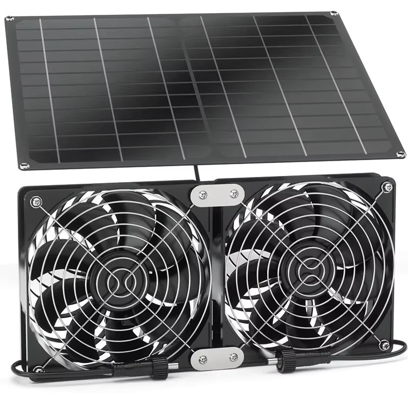 EESBAO 15W Solar-Doppellüfter-Set mit verstellbarem Solarpanel in Schwarz, geräuscharmes Kühlsystem für Tierhäuser, Hühnerställe und Gewächshäuser - Bild 6