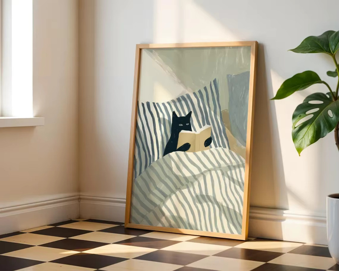 SHENCHEN Wandkunst Katzen-Lese-Print mit schwarzer Katze, Illustration als Papierposter in Schwarz und Mehrfarbig - Bild 5