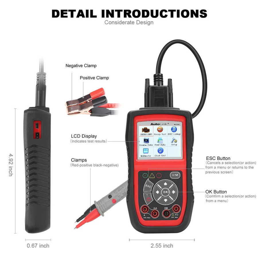 Autel AL539B Elektrischer Batterietester für 12-Volt-Batterien EOBD OBD2 Scanner in Schwarz - Bild 5