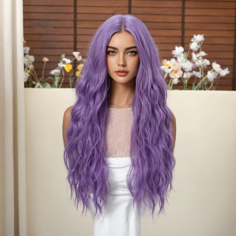 Blonde Unicorn Perücke, lila, lange lockige gewellte Haare, Damen - Bild 2