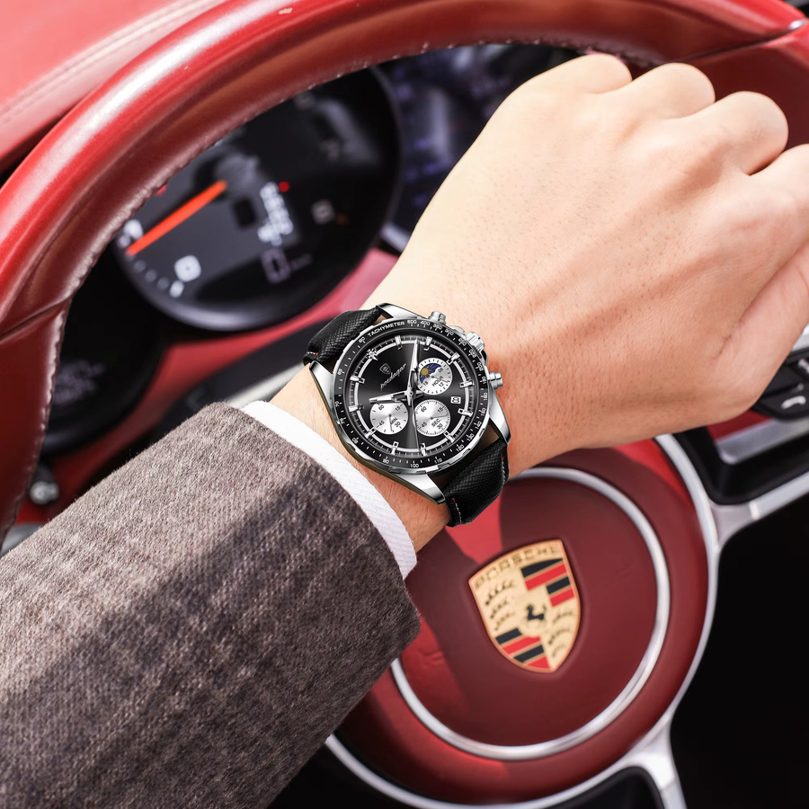 POEDAGAR Armbanduhr Chronograph, Quarz, Leder, Schwarz, Herren - Bild 5