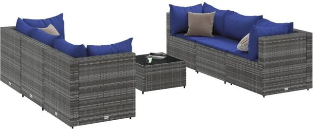 vidaXL 7-tlg Garten-Lounge-Set in L-Form aus grauem Poly-Rattan mit Kissen und Couchtisch - Bild 1