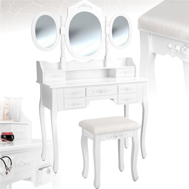tectake Schminktisch im Antik-Look mit gepolstertem Hocker und 7 Schubladen in Weiß, B/T/H: 90 x 40 x 145 cm - Bild 1