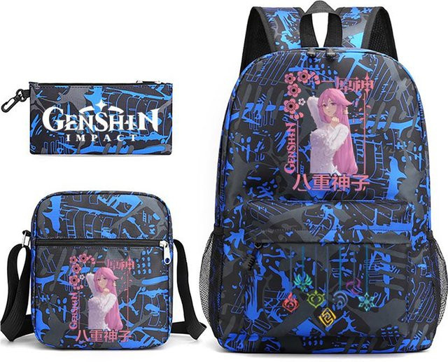 3-teiliges Schulrucksack-Set aus Oxford-Stoff in Blau mit Schultasche, Schultergurt und Federmäppchen - Bild 1