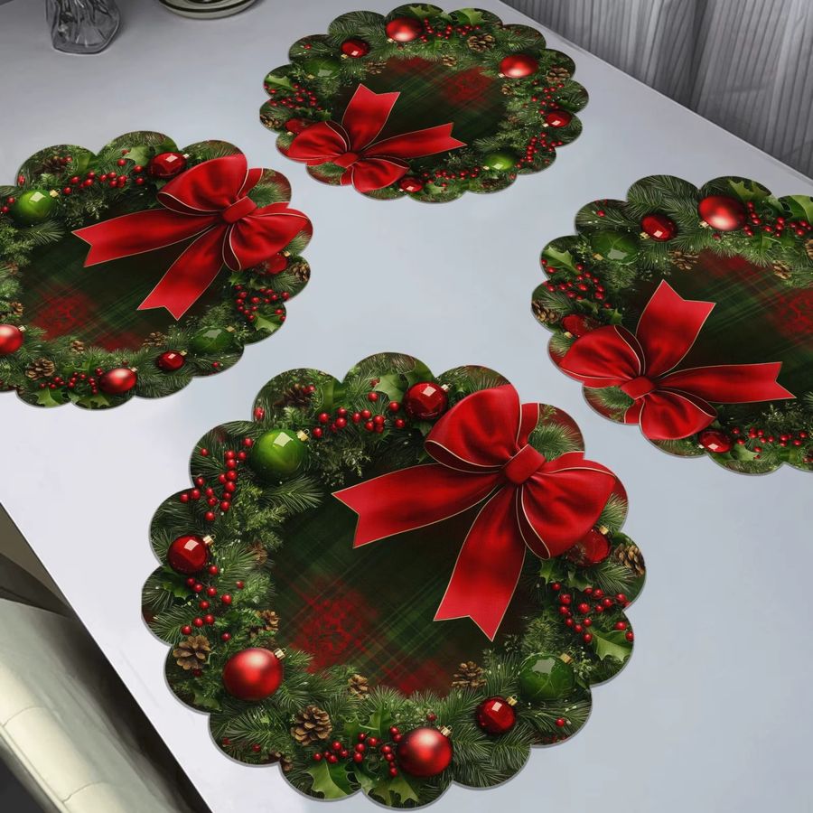VIKAMA 4-teiliges Weihnachtskranz-Tischset mit gewelltem Rand für deine Tischdekoration - Bild 2