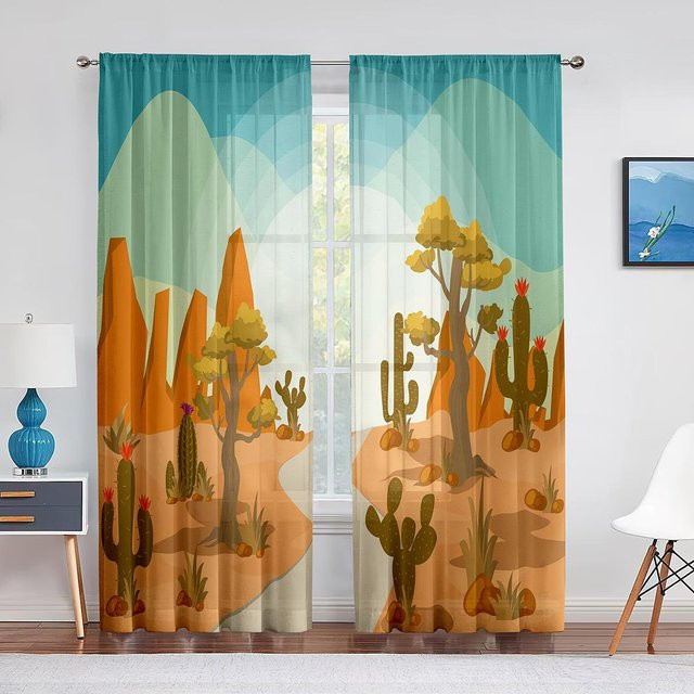 Super Six Transparente Chiffon Vorhänge mit Kaktus-Motiv in Multicolour, Breite: 100 cm, Höhe: 250 cm - Bild 1