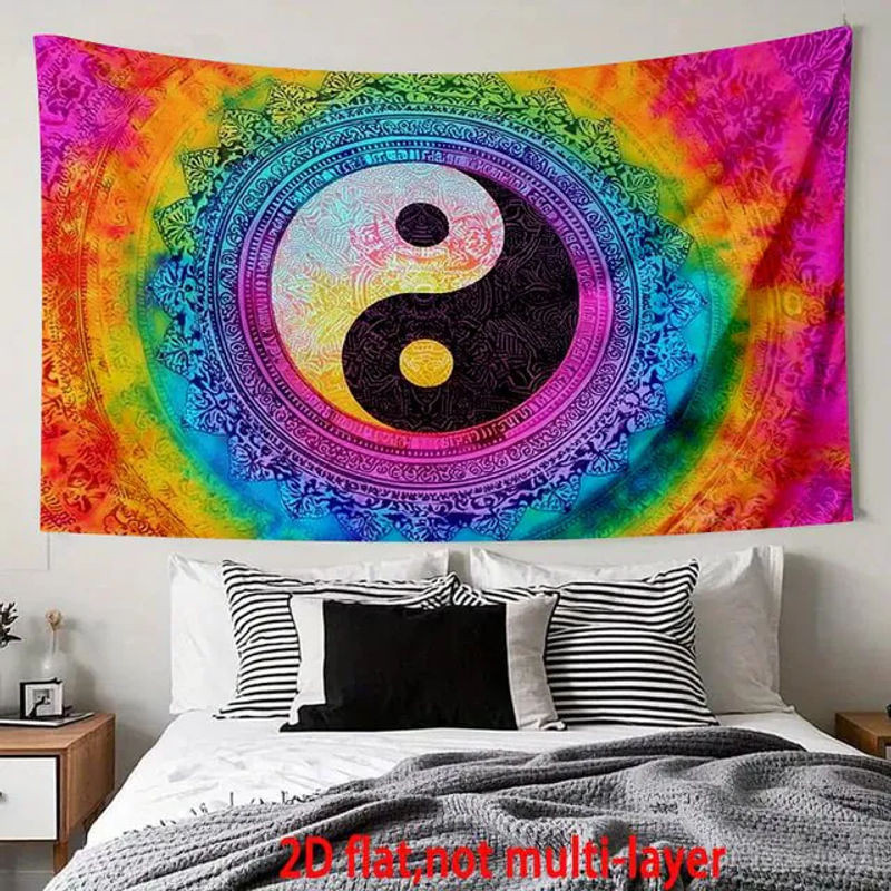 VIKAMA Wandteppich im Mandala-Stil mit Yin-Yang und Tai-Chi Design, mehrfarbiger Bohemian Wandbehang aus Textil, B/H: 60 x 40 cm - Bild 1