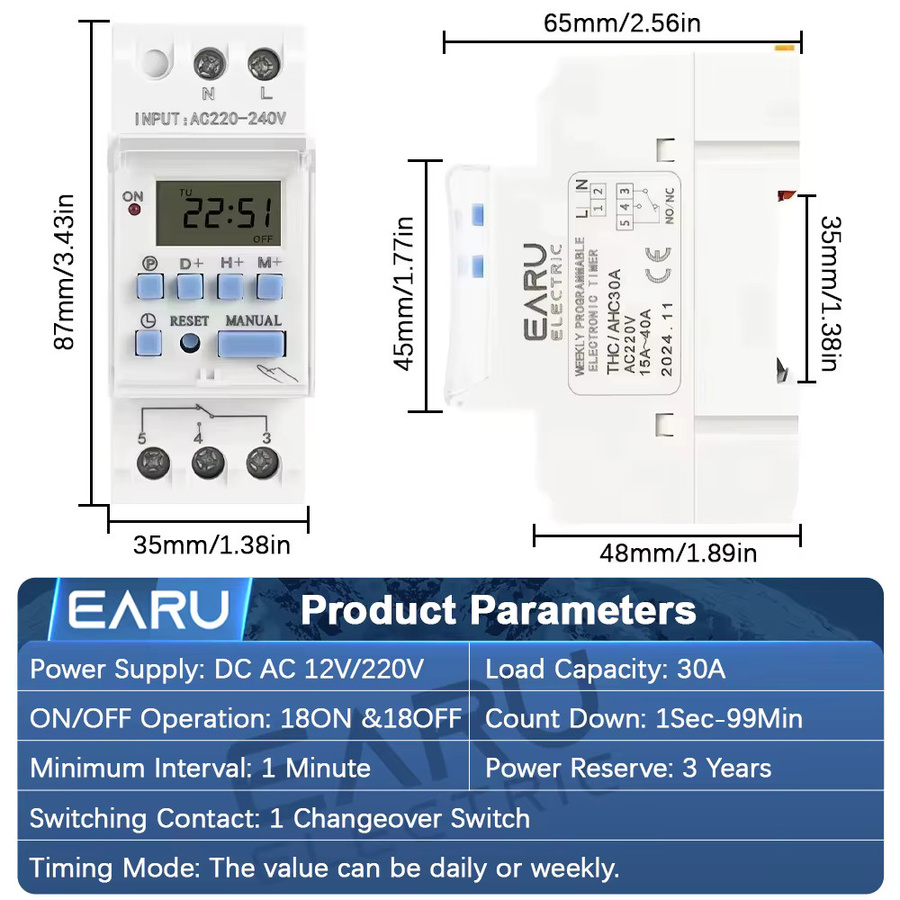EARU Elektronischer 7-Tage-Zeitschalter mit LCD-Digitalanzeige zur DIN-Schiene, 220V DC/AC, 12V, 15A/30A, Relaissteuerung 1NO/1NC, Weiß - Bild 2