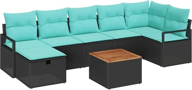 vidaXL Gartensofa-Set 8-teilig aus Poly-Rattan mit Kissen und Tisch in Schwarz - Bild 1