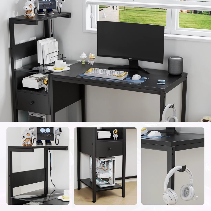 Svintora Moderner Computer-Schreibtisch mit integrierter Steckdose und USB-Anschlüssen in Schwarz Matt - Bild 3