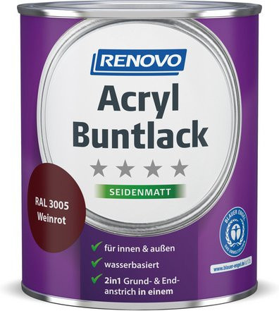 RENOVO Acryl-Buntlack für Holz, weinrot RAL 3005, seidenmatt, 0,75 l - Bild 1