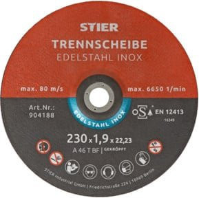 STIER Trennscheibe für Inox und Edelstahl, Durchmesser: 230 mm, Dicke: 1,9 mm, Bohrung: 22,23 mm, gekröpft - Bild 1
