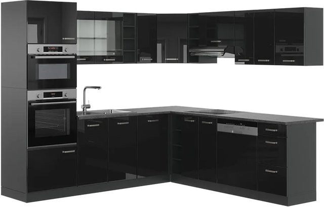 Vicco R-Line Eckküche in Schwarz Hochglanz und Anthrazit, moderne Küchenzeile ohne Elektrogeräte, B/T/H: 237 x 247 cm - Bild 1