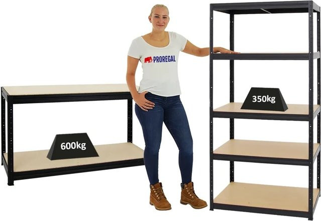 PROREGAL Set aus Schwerlastregal Slim Elephant und höhenverstellbarer Werkbank Big Dino, Schwarz, H x B x T: 180 x 90 x 60 cm und H x B x T: 90 x 160 x 60 cm - Bild 1