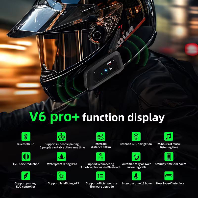 EJEAS V6 PRO+ Bluetooth Motorradhelm-Gegensprechanlage für 6 Fahrer mit 800 m Reichweite, Rauschunterdrückung und IP67 Wasserdichtigkeit in Schwarz - Bild 2