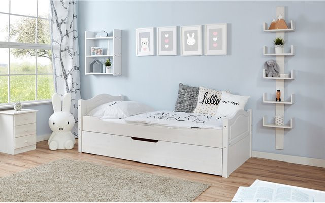 TiCAA Einzelbett Leni aus Kiefer mit Schubladen in Weiß, B/T/H: 100 x 200 x 109 cm - Bild 1