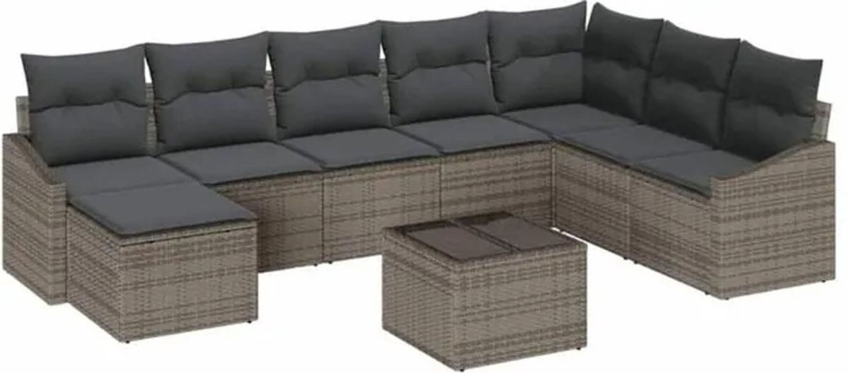 Vidaxl Garten Essgruppe aus Polyrattan und Stahl mit 9-teiligem Set inklusive Kissen und Speicherfunktion in Grau - Bild 1