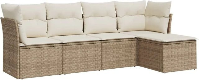 vidaXL 5-teilige Garten-Sofagarnitur in L-Form aus Poly-Rattan mit Kissen in Beige und Cremeweiß - Bild 1