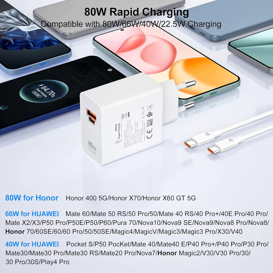 80W Schnellladegerät in Weiß mit 1m Typ-C Ladekabel für Honor und Huawei Smartphones - Bild 4