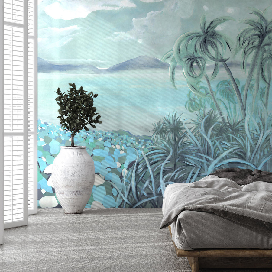 Isidore Leroy Wandgestaltung Mural Borneo in Blau und Türkis mit floralem Textildesign - Bild 1