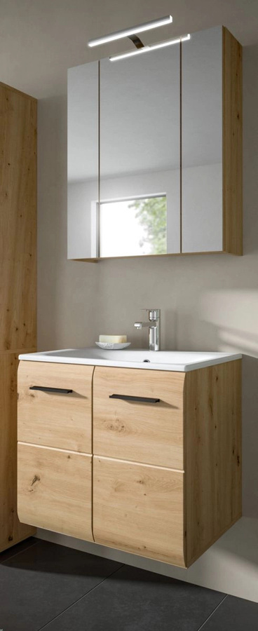 Badmöbel Set Cover von Inn.Furn in Eiche, 2-teilig, mit Waschtischunterschrank und Spiegelschrank mit LED-Beleuchtung, Braun Matt, Breite: 60 cm - Bild 1