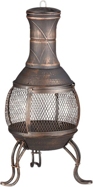 Relaxdays Aztekenofen aus Stahl und Gusseisen in Schwarz und Bronze mit Schürhaken und Funkenschutz, Höhe: 89 cm, Breite: 44 cm, Tiefe: 44 cm - Bild 1
