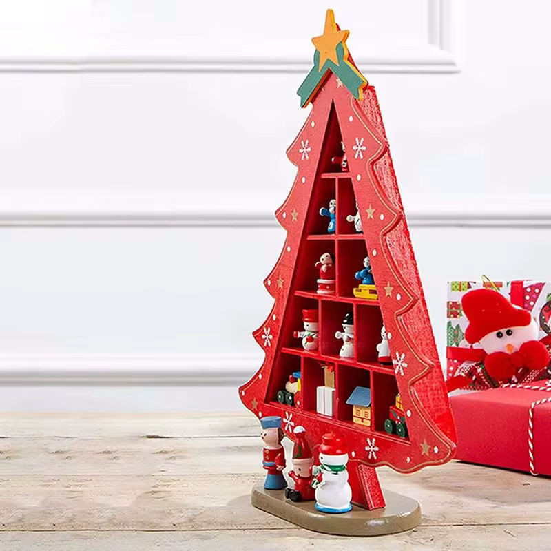 Skandinavischer Weihnachtsbaum aus Holz in Rot als 3D-Ornamente Tischdekoration - Bild 1