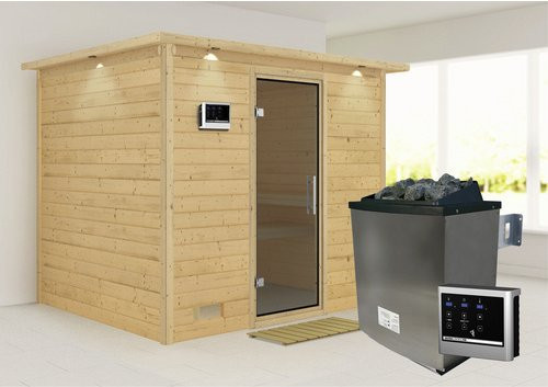 Karibu Sauna Paldiski aus Fichtenholz in Beige mit 9 kW Saunaofen und externer Steuerung für 4 Personen, B/T/H: 264 x 198 x 212 cm - Bild 1