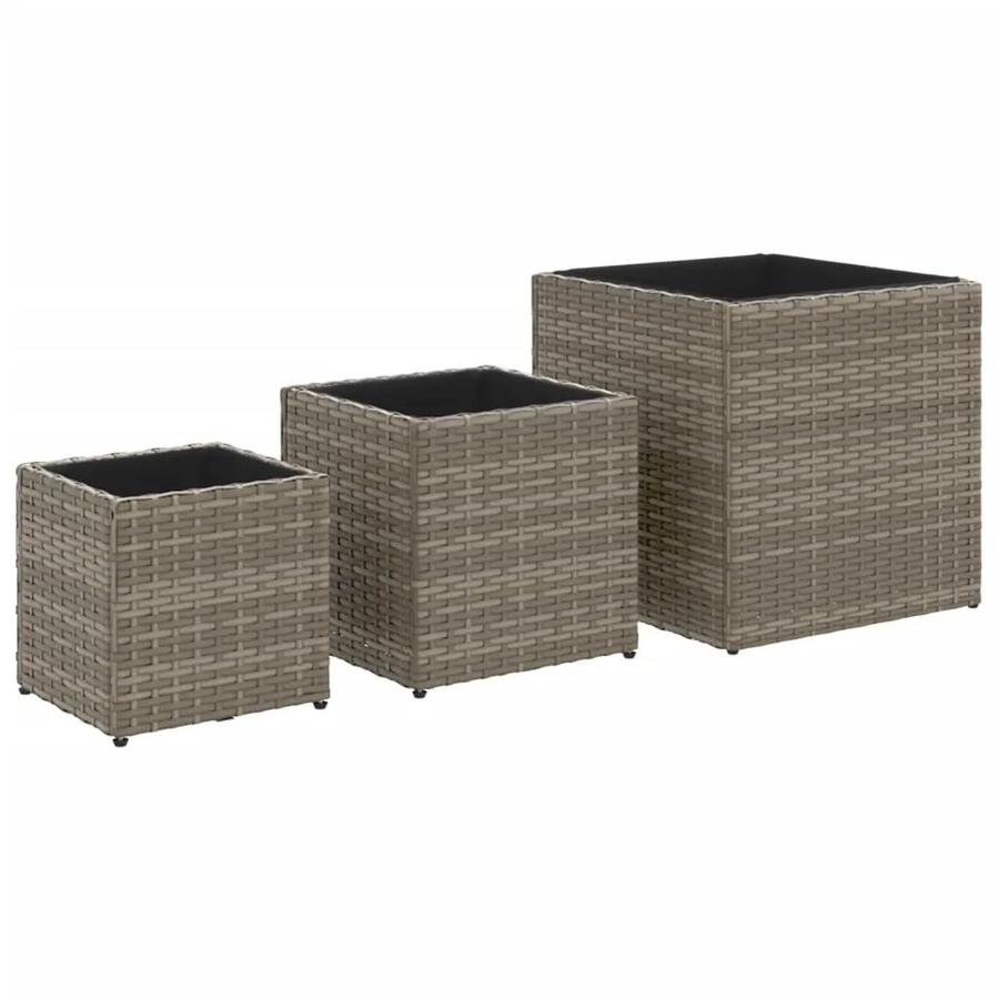 Set aus 3 quadratischen Pflanzkübeln von vidaXL in Grau aus PE-Rattan und pulverbeschichtetem Stahl - Bild 2