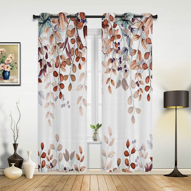 Modernes Vorhang-Set mit floralem Blätter-Design in Blau, Grün und Weiß, halbtransparent, Breite: 135 cm, Höhe: 60 cm - Bild 1