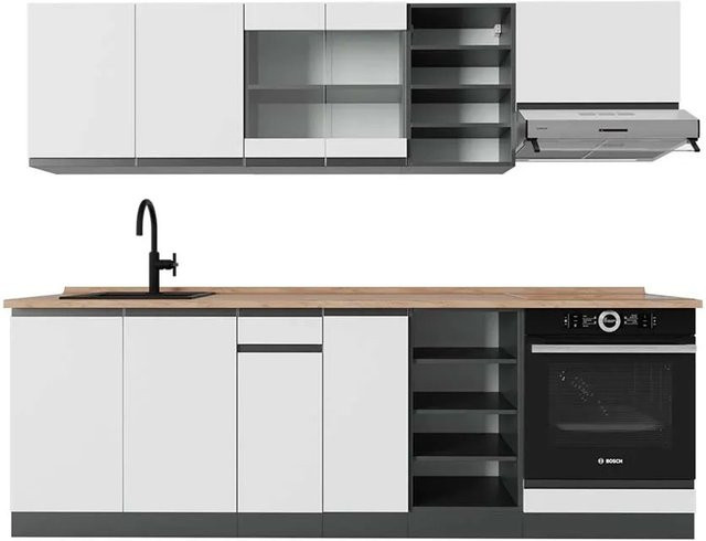 Vicco R-Line Küchenzeile modern in Weiß/Anthrazit mit Eiche-Optik, B/T/H: 240 x 60 x 81,6 cm - Bild 1