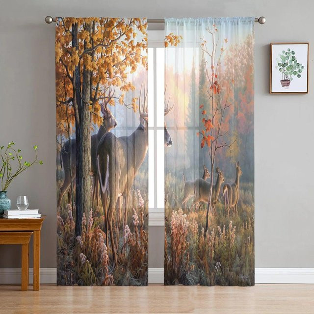Deer Woods Tüllvorhang mit Birken- und Ahornblatt-Print, transparent, schwarz/mehrfarbig, B: 135 cm, H: 114 cm - Bild 1