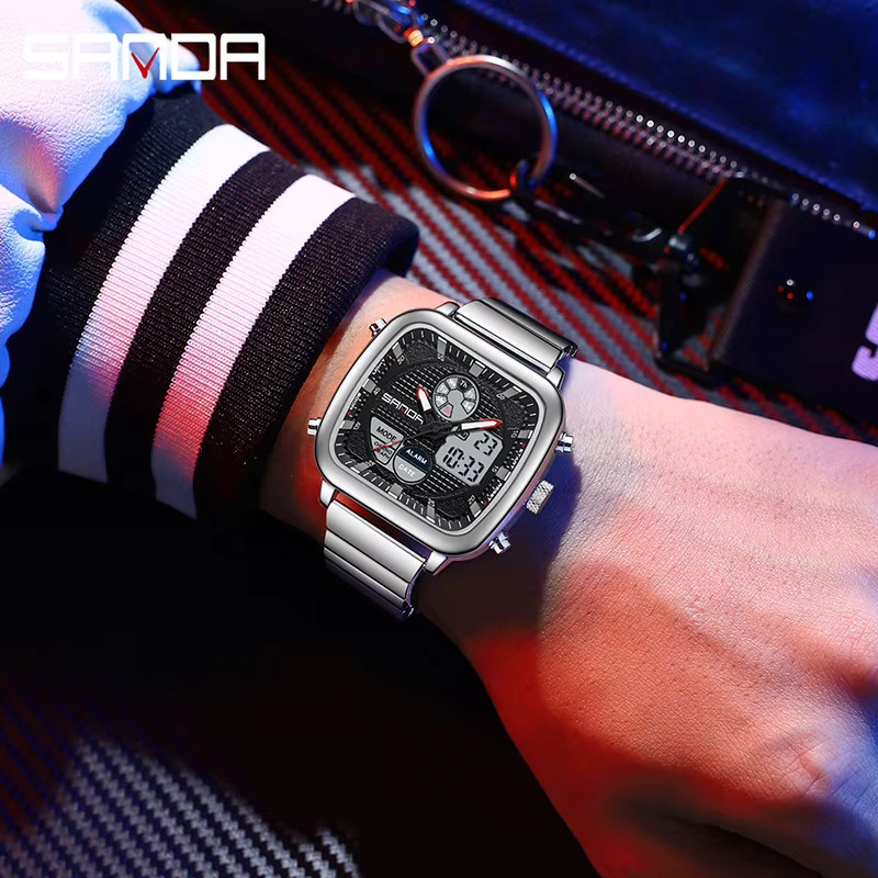 SANDA Armbanduhr Herren, Quarz, Edelstahl, Schwarz, Analog-Digital - Bild 3