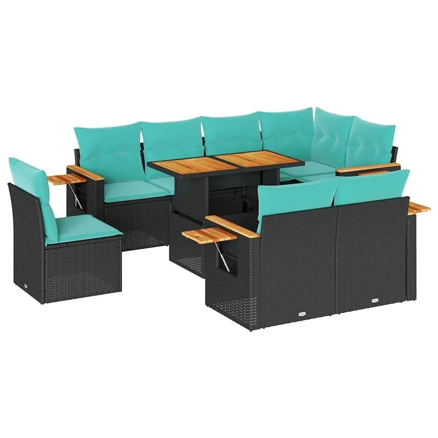 vidaXL 9-teilige Garten-Sofagarnitur in L-Form aus Poly-Rattan und Akazienholz mit Kissen in Schwarz - Bild 2