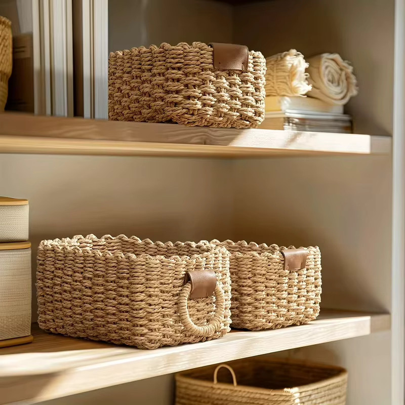 Dekorativer Aufbewahrungskorb aus Papierseil mit Griffen in Beige, B/T/H: 13 x 13 x 26 cm - Bild 2